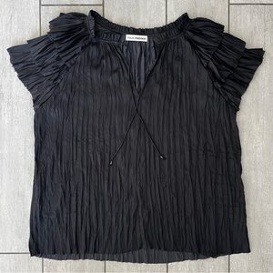 Ulla Johnson Pleated Ruffle Blouse Black Size 4 Designer Tiered Sleeve Front Tie